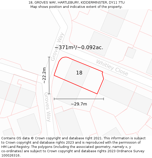 18, GROVES WAY, HARTLEBURY, KIDDERMINSTER, DY11 7TU: Plot and title map