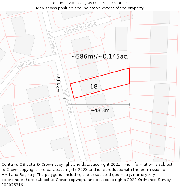 18, HALL AVENUE, WORTHING, BN14 9BH: Plot and title map