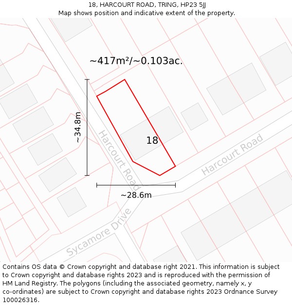 18, HARCOURT ROAD, TRING, HP23 5JJ: Plot and title map