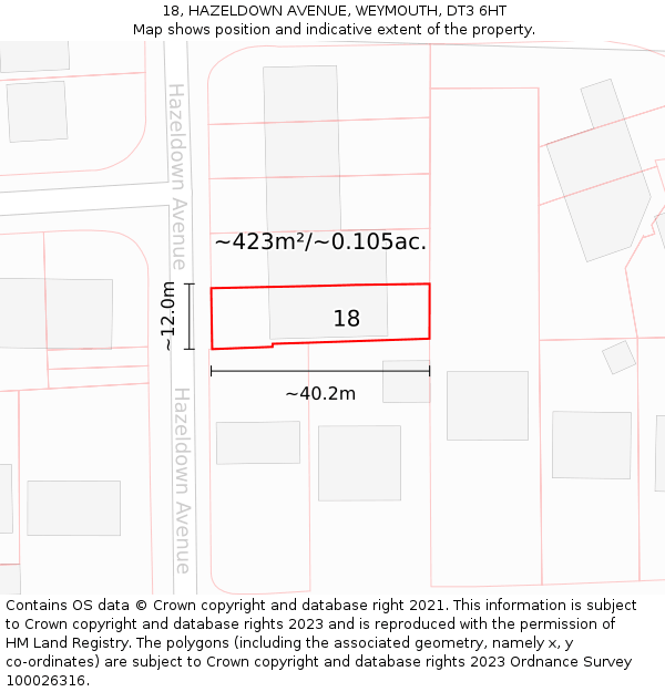 18, HAZELDOWN AVENUE, WEYMOUTH, DT3 6HT: Plot and title map