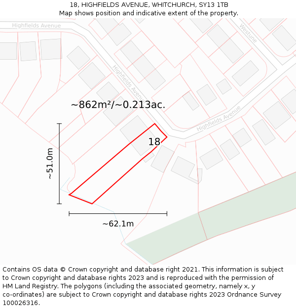 18, HIGHFIELDS AVENUE, WHITCHURCH, SY13 1TB: Plot and title map