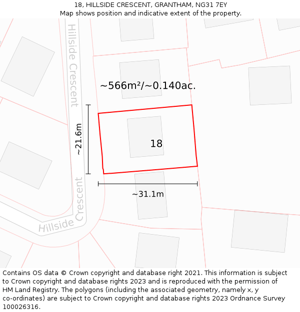 18, HILLSIDE CRESCENT, GRANTHAM, NG31 7EY: Plot and title map