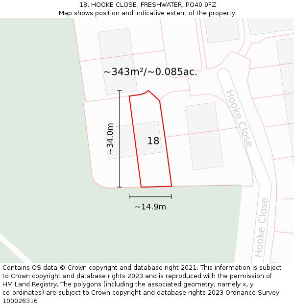 18, HOOKE CLOSE, FRESHWATER, PO40 9FZ: Plot and title map