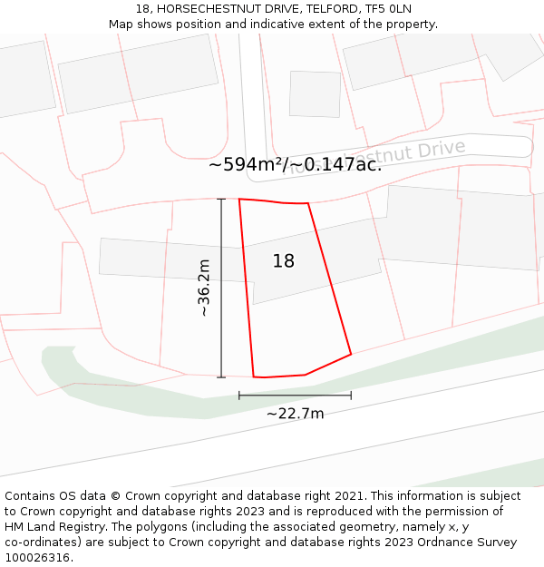 18, HORSECHESTNUT DRIVE, TELFORD, TF5 0LN: Plot and title map