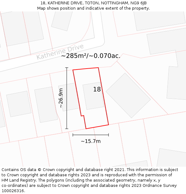 18, KATHERINE DRIVE, TOTON, NOTTINGHAM, NG9 6JB: Plot and title map