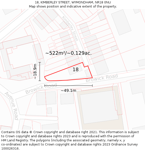 18, KIMBERLEY STREET, WYMONDHAM, NR18 0NU: Plot and title map