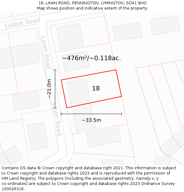 18, LAWN ROAD, PENNINGTON, LYMINGTON, SO41 8HG: Plot and title map