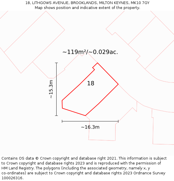 18, LITHGOWS AVENUE, BROOKLANDS, MILTON KEYNES, MK10 7GY: Plot and title map