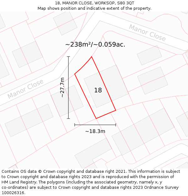 18, MANOR CLOSE, WORKSOP, S80 3QT: Plot and title map