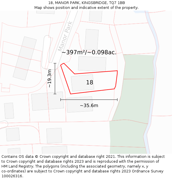 18, MANOR PARK, KINGSBRIDGE, TQ7 1BB: Plot and title map