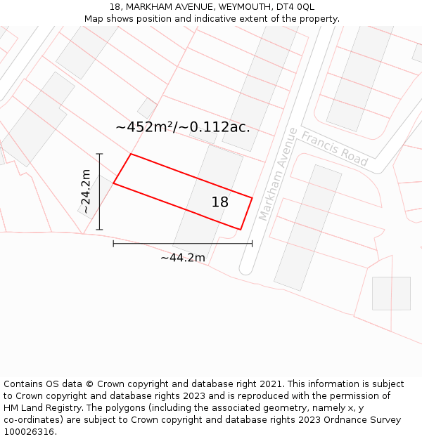 18, MARKHAM AVENUE, WEYMOUTH, DT4 0QL: Plot and title map