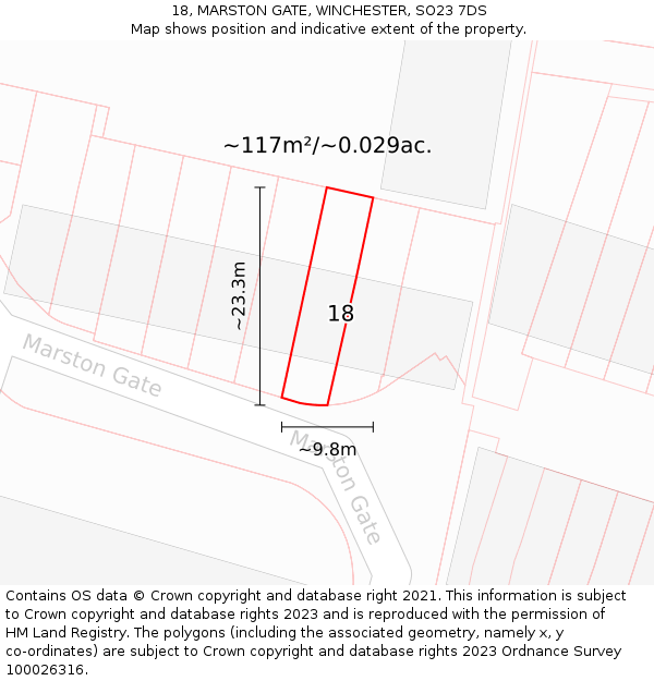 18, MARSTON GATE, WINCHESTER, SO23 7DS: Plot and title map