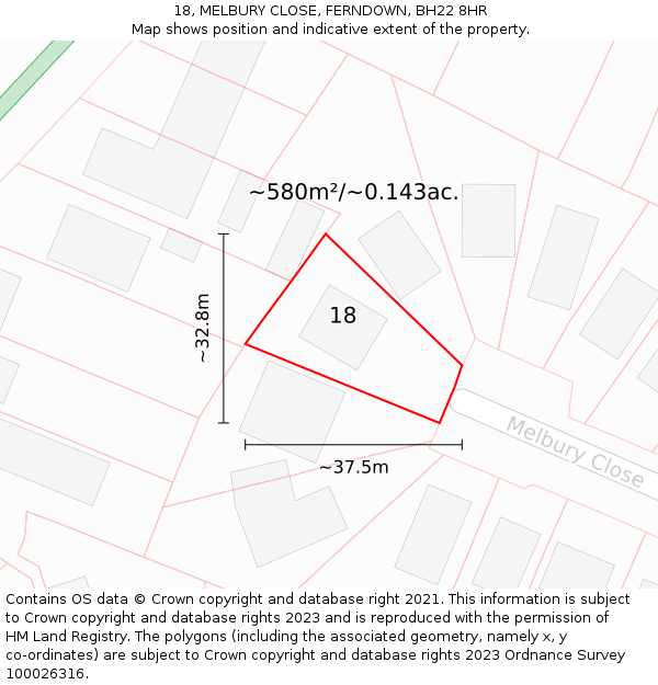 18, MELBURY CLOSE, FERNDOWN, BH22 8HR: Plot and title map