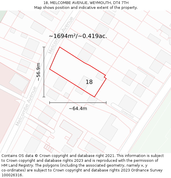 18, MELCOMBE AVENUE, WEYMOUTH, DT4 7TH: Plot and title map