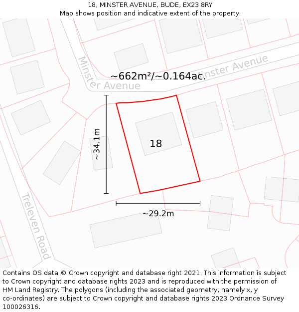 18, MINSTER AVENUE, BUDE, EX23 8RY: Plot and title map