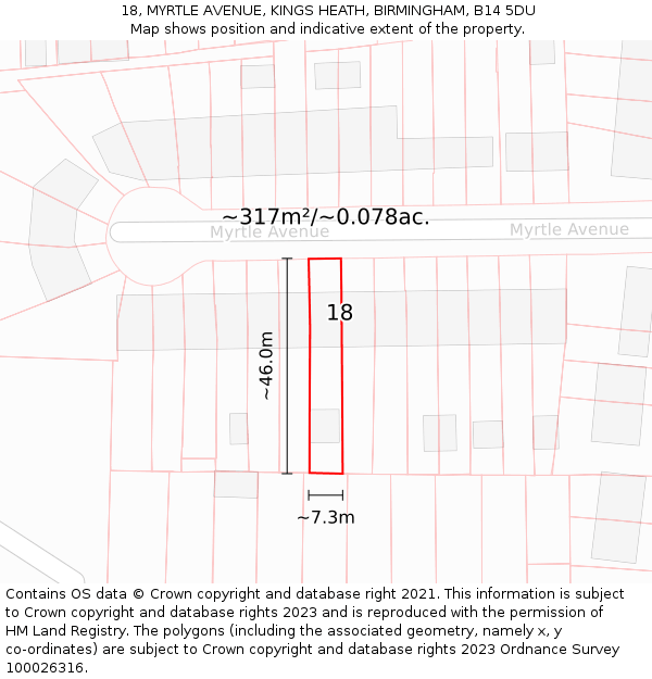 18, MYRTLE AVENUE, KINGS HEATH, BIRMINGHAM, B14 5DU: Plot and title map