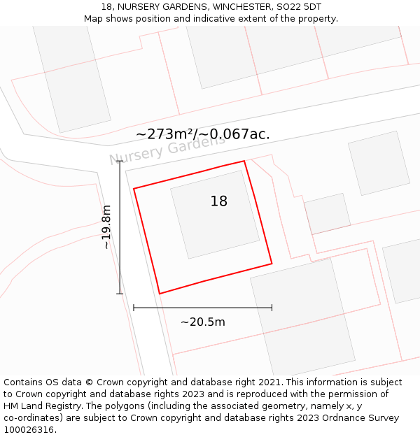 18, NURSERY GARDENS, WINCHESTER, SO22 5DT: Plot and title map