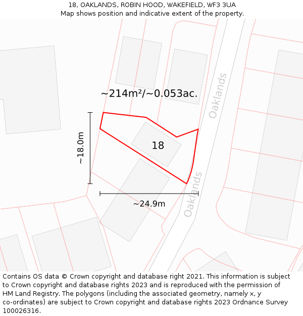 18, OAKLANDS, ROBIN HOOD, WAKEFIELD, WF3 3UA: Plot and title map