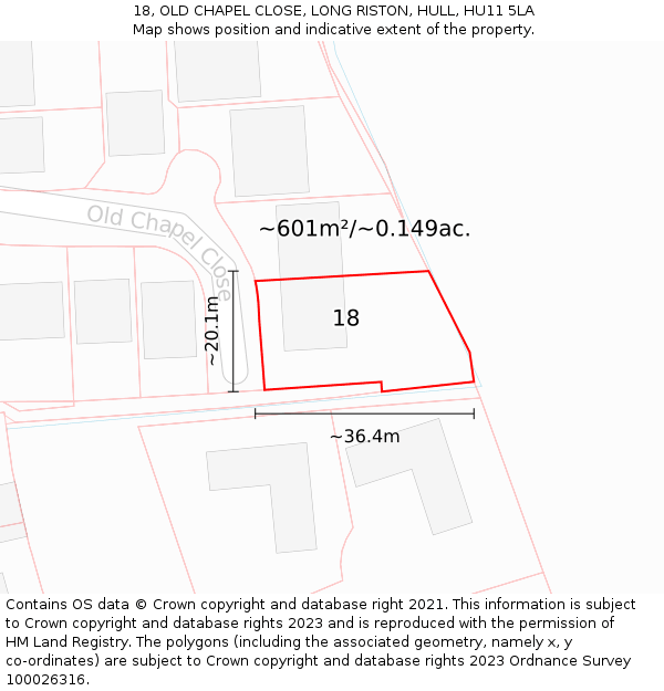 18, OLD CHAPEL CLOSE, LONG RISTON, HULL, HU11 5LA: Plot and title map