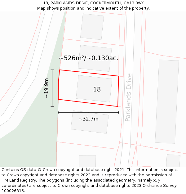 18, PARKLANDS DRIVE, COCKERMOUTH, CA13 0WX: Plot and title map