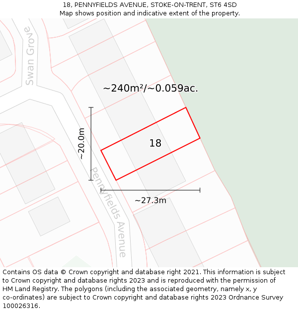 18, PENNYFIELDS AVENUE, STOKE-ON-TRENT, ST6 4SD: Plot and title map