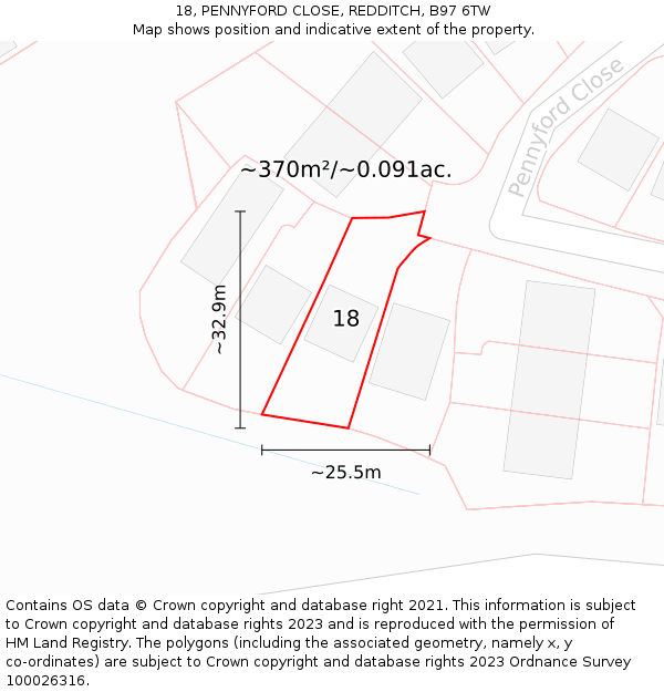 18, PENNYFORD CLOSE, REDDITCH, B97 6TW: Plot and title map