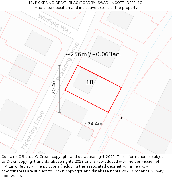 18, PICKERING DRIVE, BLACKFORDBY, SWADLINCOTE, DE11 8GL: Plot and title map