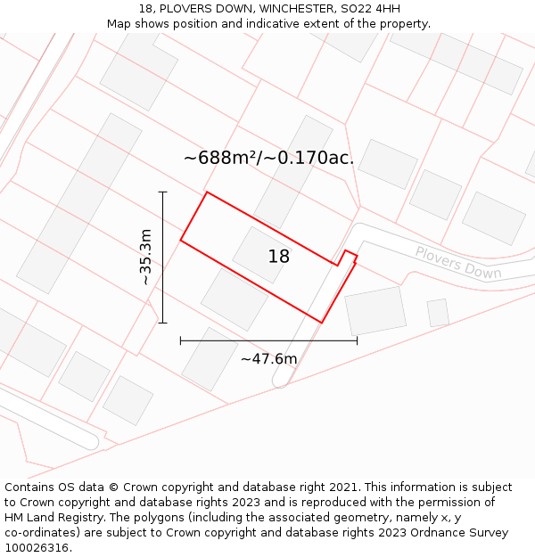 18, PLOVERS DOWN, WINCHESTER, SO22 4HH: Plot and title map