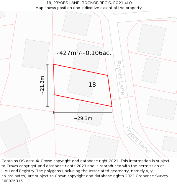 18, PRYORS LANE, BOGNOR REGIS, PO21 4LQ: Plot and title map