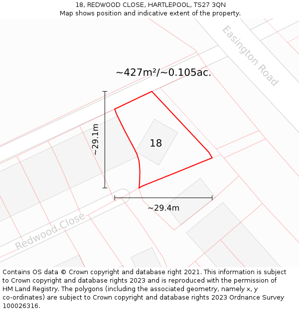 18, REDWOOD CLOSE, HARTLEPOOL, TS27 3QN: Plot and title map