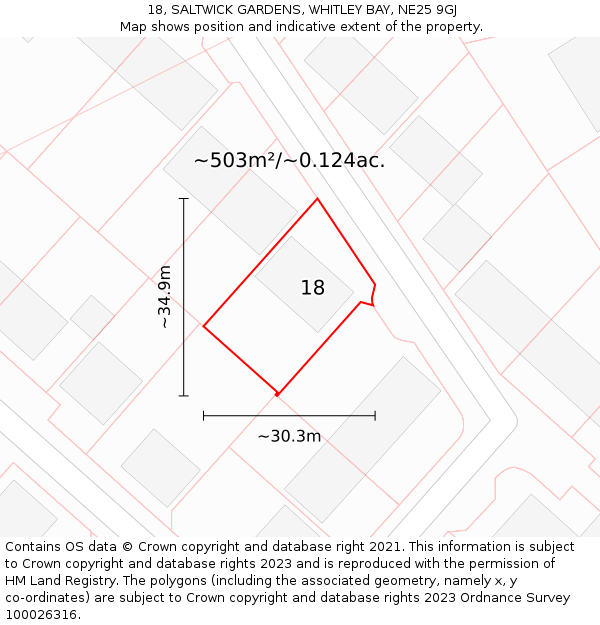 18, SALTWICK GARDENS, WHITLEY BAY, NE25 9GJ: Plot and title map