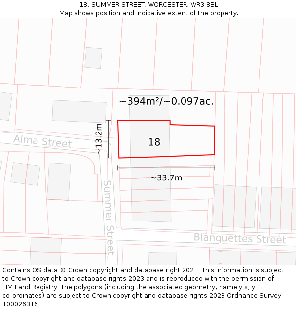 18, SUMMER STREET, WORCESTER, WR3 8BL: Plot and title map