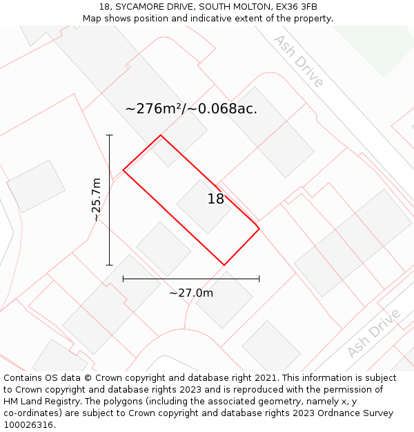 18, SYCAMORE DRIVE, SOUTH MOLTON, EX36 3FB: Plot and title map