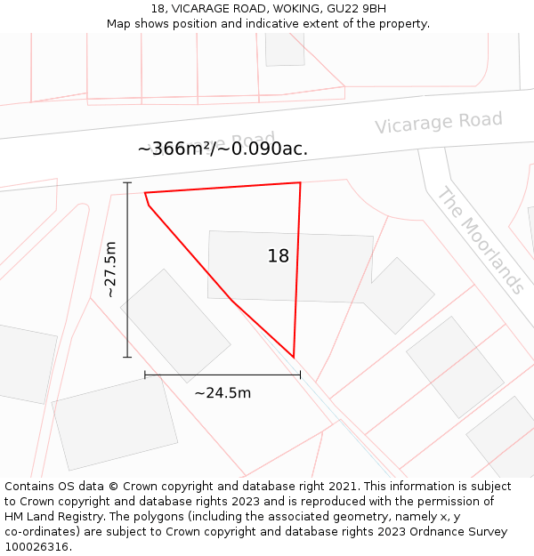 18, VICARAGE ROAD, WOKING, GU22 9BH: Plot and title map