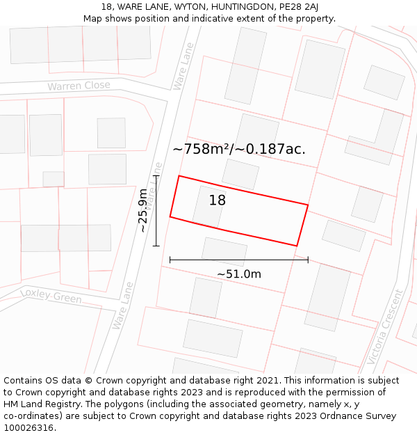 18, WARE LANE, WYTON, HUNTINGDON, PE28 2AJ: Plot and title map