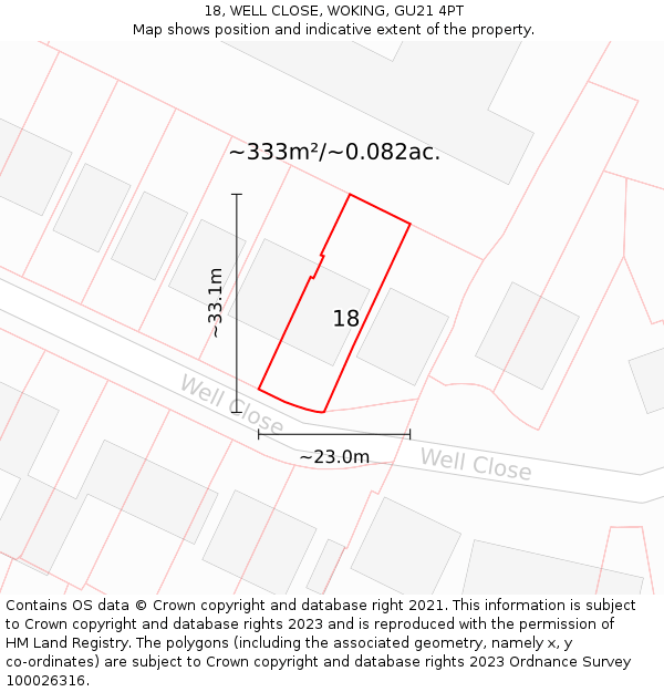 18, WELL CLOSE, WOKING, GU21 4PT: Plot and title map