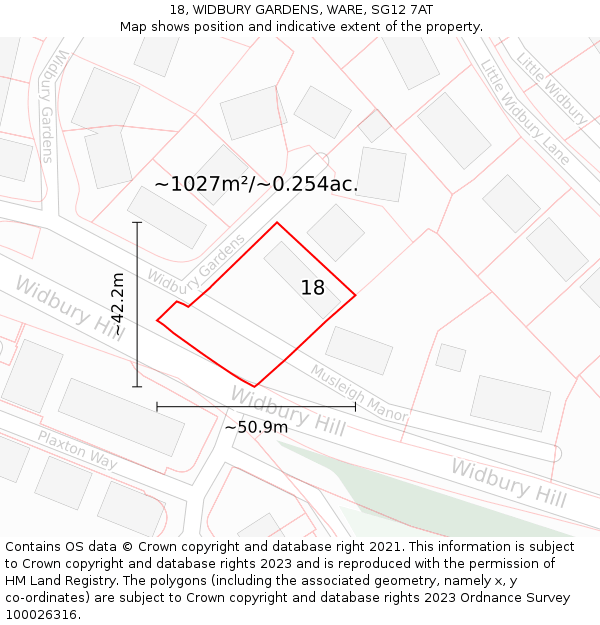 18, WIDBURY GARDENS, WARE, SG12 7AT: Plot and title map