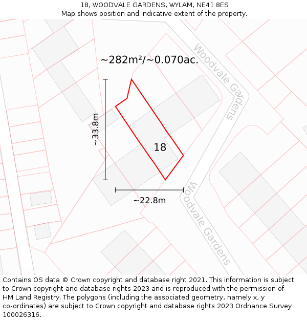 18, WOODVALE GARDENS, WYLAM, NE41 8ES: Plot and title map