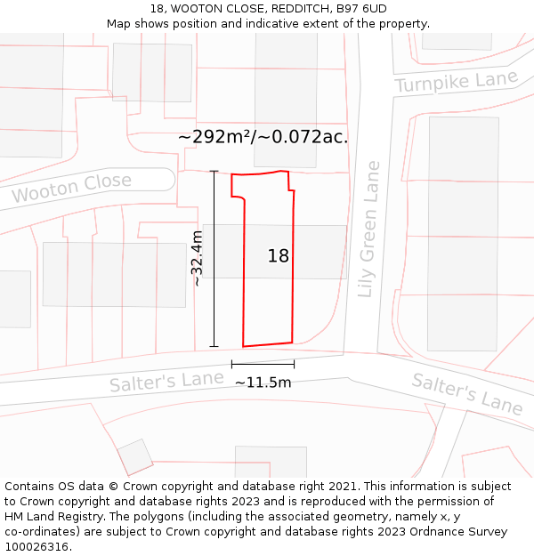 18, WOOTON CLOSE, REDDITCH, B97 6UD: Plot and title map