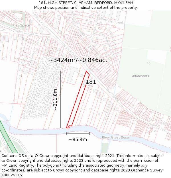 181, HIGH STREET, CLAPHAM, BEDFORD, MK41 6AH: Plot and title map