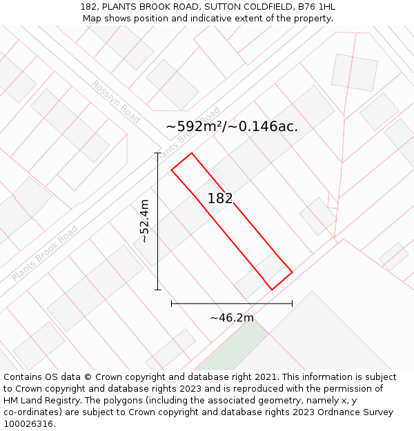 182, PLANTS BROOK ROAD, SUTTON COLDFIELD, B76 1HL: Plot and title map