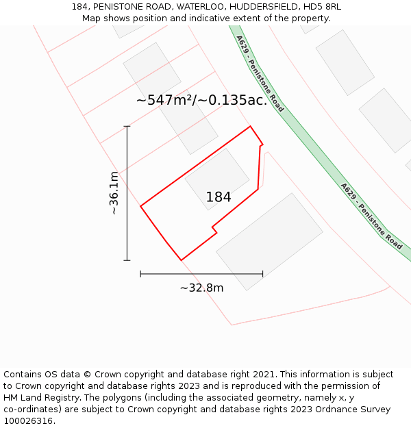 184, PENISTONE ROAD, WATERLOO, HUDDERSFIELD, HD5 8RL: Plot and title map