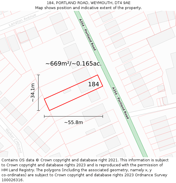 184, PORTLAND ROAD, WEYMOUTH, DT4 9AE: Plot and title map