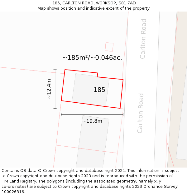 185, CARLTON ROAD, WORKSOP, S81 7AD: Plot and title map