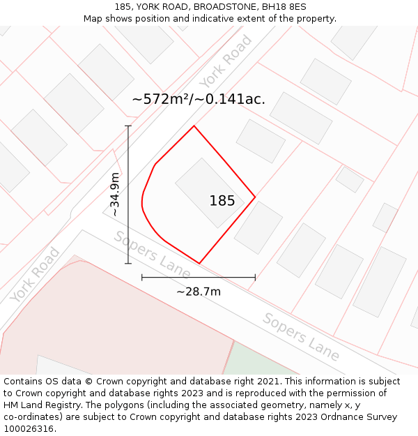 185, YORK ROAD, BROADSTONE, BH18 8ES: Plot and title map