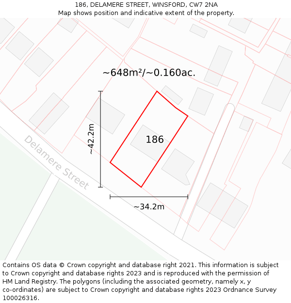 186, DELAMERE STREET, WINSFORD, CW7 2NA: Plot and title map