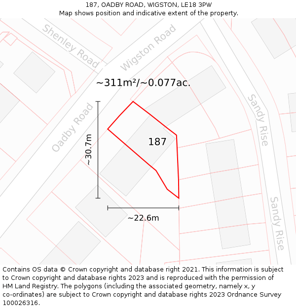 187, OADBY ROAD, WIGSTON, LE18 3PW: Plot and title map