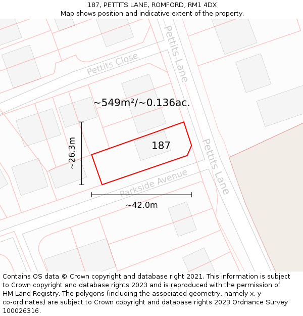 187, PETTITS LANE, ROMFORD, RM1 4DX: Plot and title map