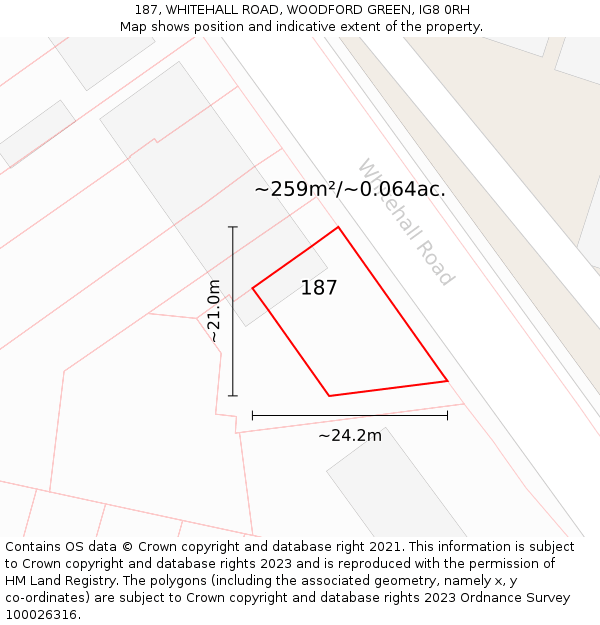 187, WHITEHALL ROAD, WOODFORD GREEN, IG8 0RH: Plot and title map