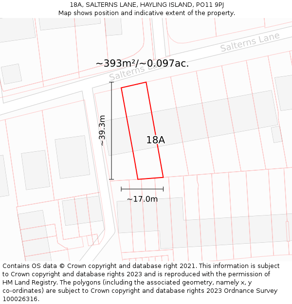 18A, SALTERNS LANE, HAYLING ISLAND, PO11 9PJ: Plot and title map
